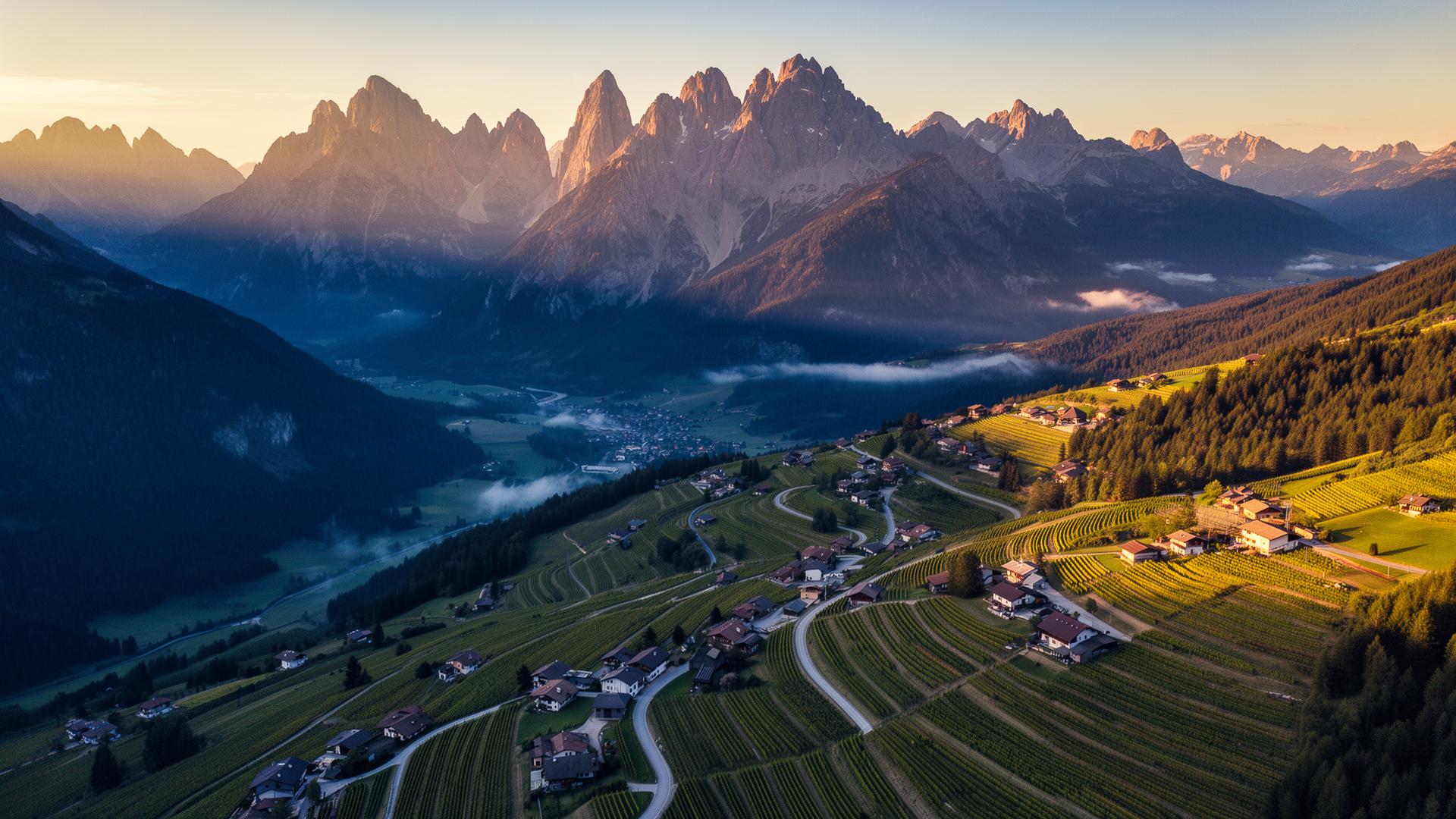 Luftaufnahme der Dolomiten und Südtiroler Täler
